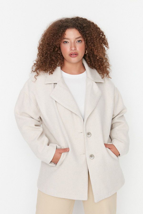 Trendyol Curve-Ecru Stamp Coat - Regular Fit, Zweireihiger Mantel, Wollmischung TBBAW23KB00007 1