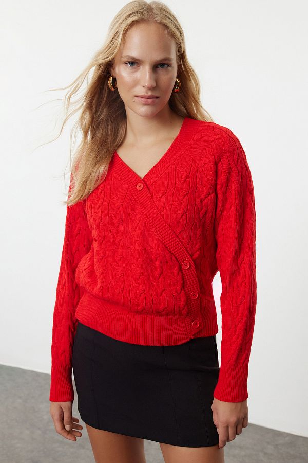 Trendyol Collection Asymmetric Red Knitwear Cardigan Button Detail TWOAW25HI00012 Trendyol
