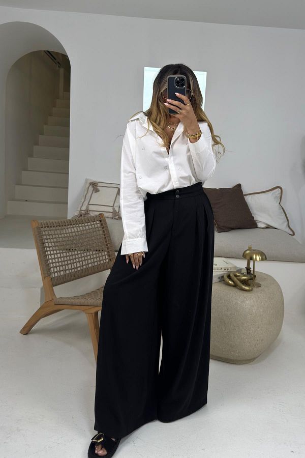 Sohotique By P Black Palazzo Trousers Wide Leg and Collar Detail Trendyol