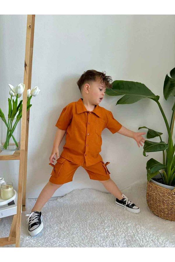 B R DOZ COCUK GULU U Boys Muslin Summer Shorts Set Trendyol