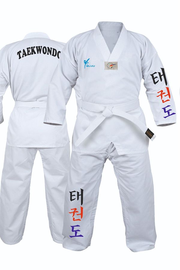 BLUU-White Collar Taekwondo Dress - Korean Printed, Beginner Dobok 1