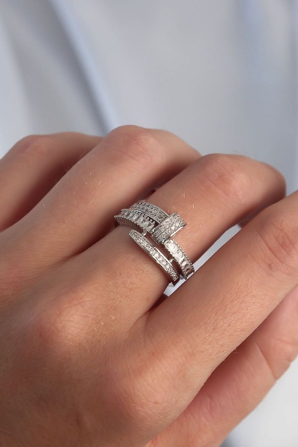 JEWELRY ELKA Twisted Nail Ring with Zircon Stone and Adjustment