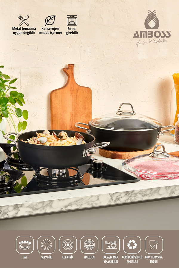 Amboss-Dark Granite Flat Pot with Glass Lid Fireproof Non-Stick Titanium Coating - 28 cm 1