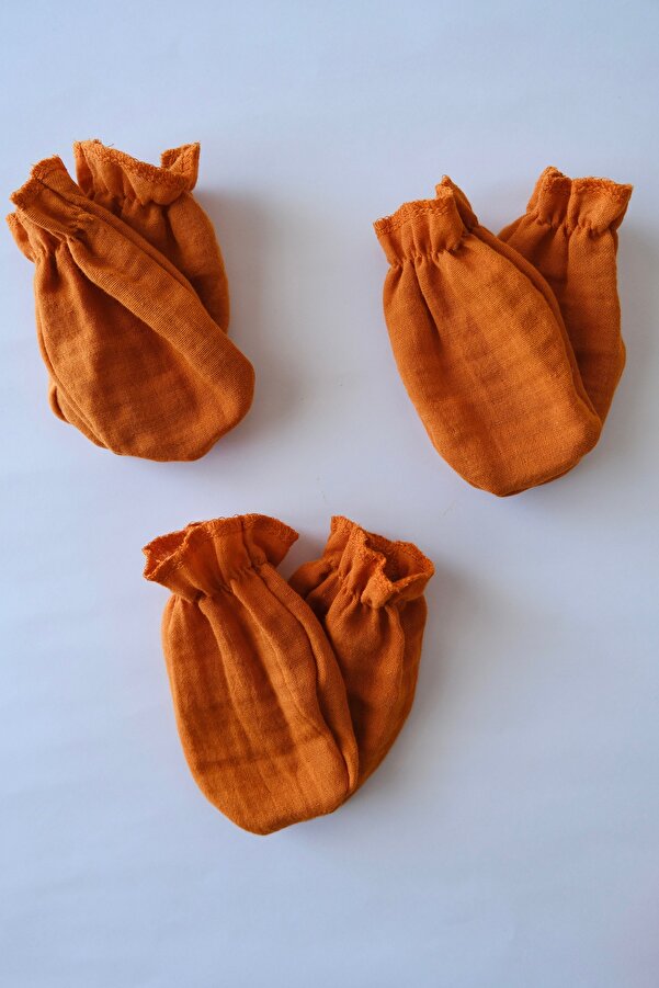 runbaby Pamuklu Çift Kat Müslin Kumaş 3 Çift Bebek Eldiven