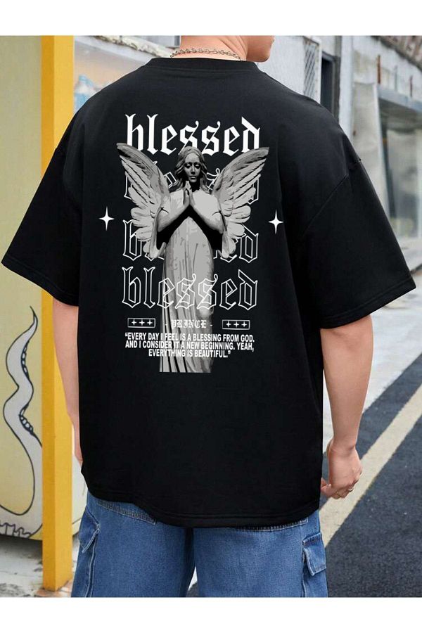 DEEPSENCE-Men's Oversize T-shirt Blased Angel Back Printed Black 1