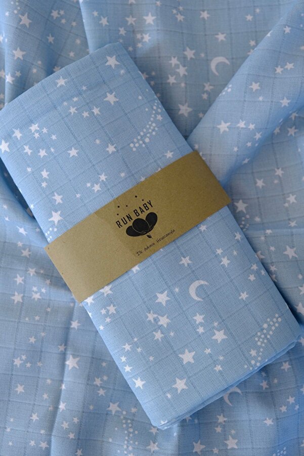 runbaby 100x120cm Oeko-tex Sertifikalı Bebek Müslin Örtü (AÇIK MAVİ YILDIZ)