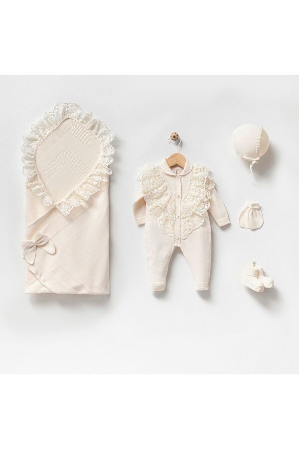 limebabies Nipperland Organik Pamuk Krem Pamuk Kız Bebek Triko Hastane Çıkış Seti %100 Pamuk