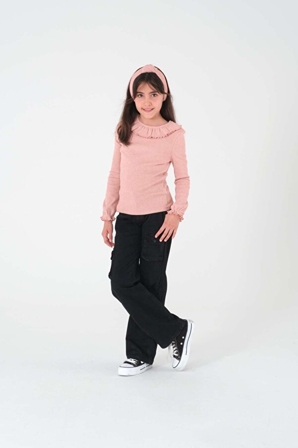 Kyron Kız Çocuk Pudra Uzun Kollu Triko Kazak ve Bandana Seti