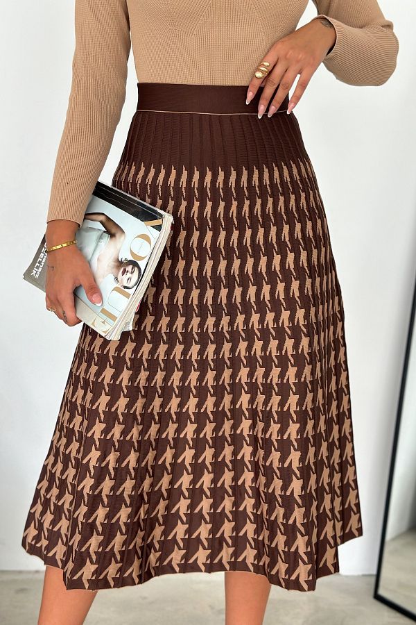 FEMELLE Knitwear Skirt and Houndstooth Patterned Brown Elastic Waist Standard Size Trendyol