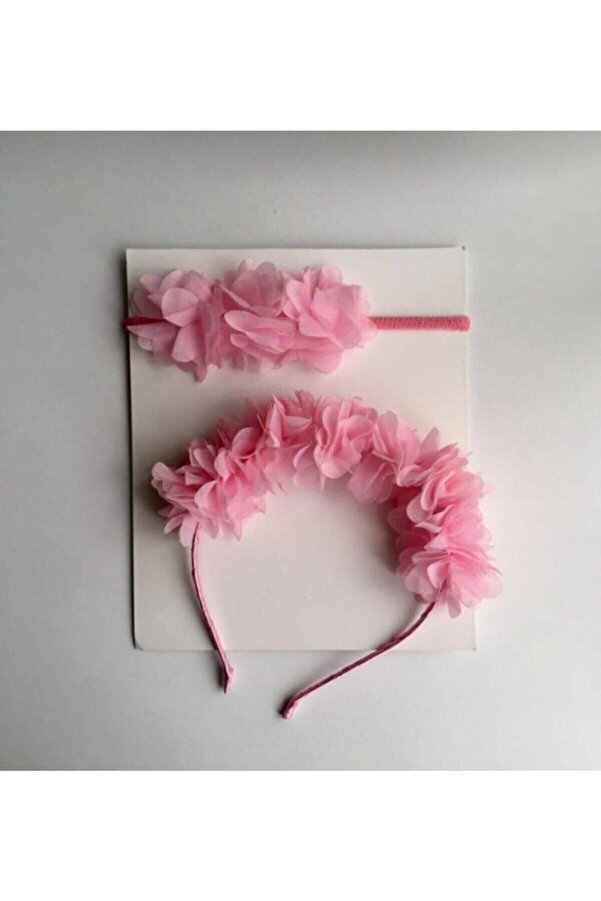 Almila Aksesuar Pembe Çiçekli Anne Bebek Taç Bandana Kombini – Bandana