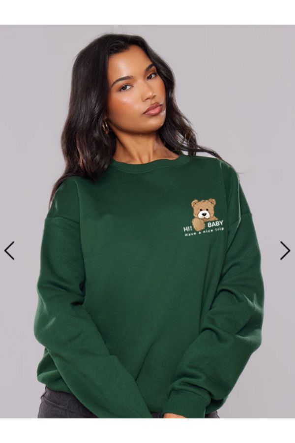 Boi Women s Oversize Sweatshirt Black and White Saxe Green Thick Crew Neck Teddy Bear Pocket Detail Trendyol