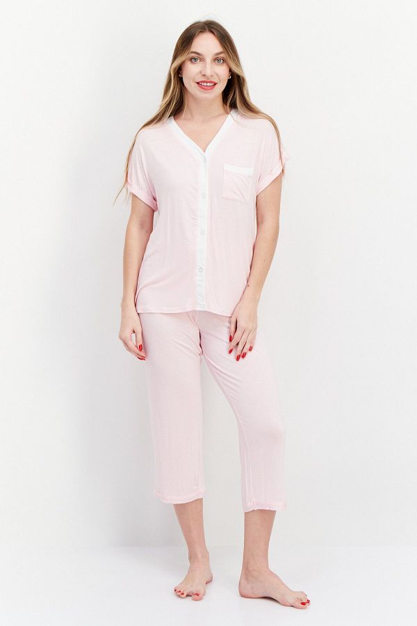 ANNE KLE N Women 2 Pieces Plain Pajama Set Pink White Trendyol