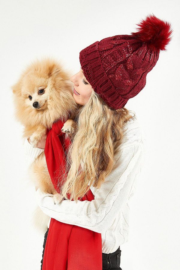 POSUSS-Glittery Pompom Acrylic Women's Beret Claret Red - Ps316 1