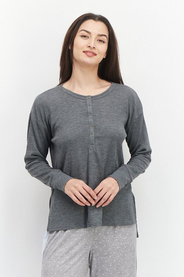 Jenni Intimates Women Textured Full Sleeves Pajama Top Grey Trendyol