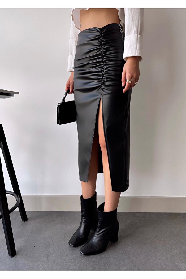 POZİGİ Faux Leather Skirt with Deep Slit Gather Detail- Trendyol 