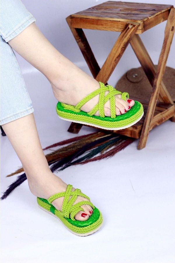 BAY ARMEDON Women s Rope Sandals Green High Heels Straw Women s Slippers Flip Flop Yarn Knitted Trendyol