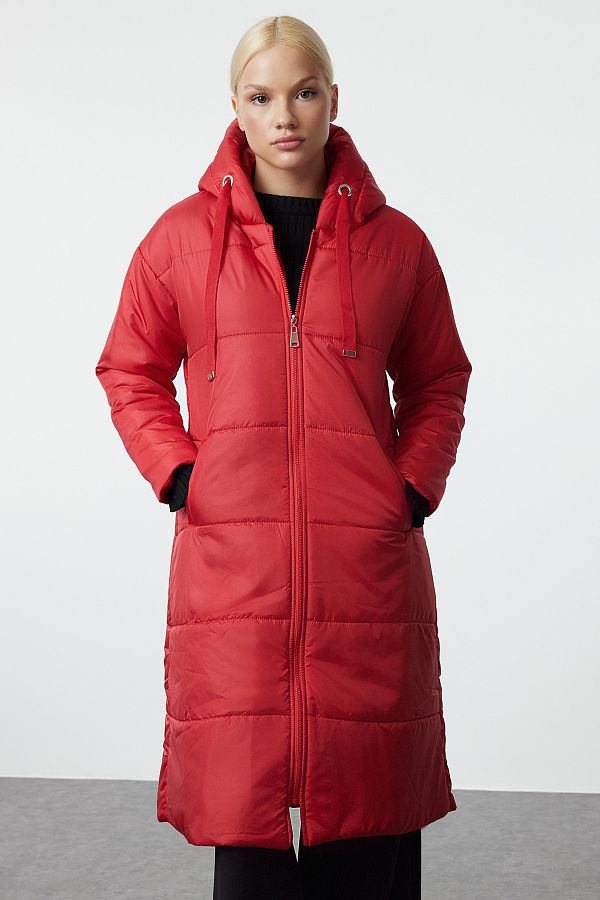 Trendyol Collection Water Repellent Long Red Puffer Jacket Hooded Regular Fit Twoaw24mo00136 Trendyol