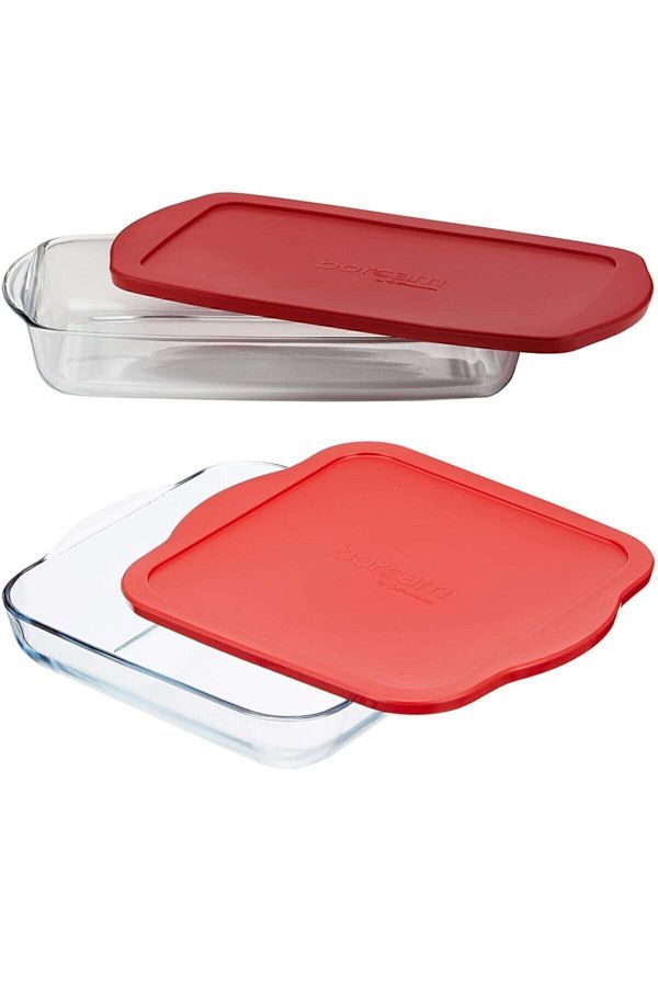 Paşabahçe-Set of 2 Square and Rectangular Red Pyrex Glass with Lids 1