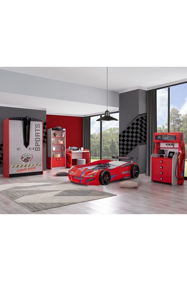 Setay Çocuk Odası - Merso Arabalı Yatak - Sport 3 Kapılı Dolap, Masa, Şifonyer, Kitaplık - Kırmızı