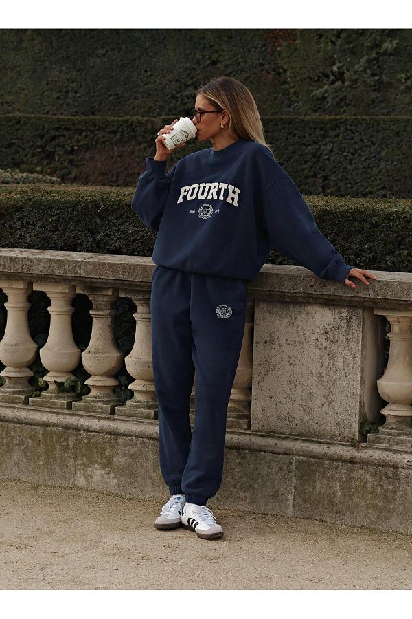 LOU SA Navy Blue Fourth Printed Women s Sweatshirt and Sweatpants Set Crew Neck Trendyol
