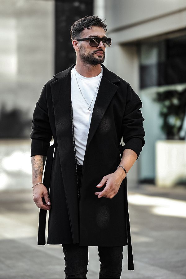 Long black belted coat sales