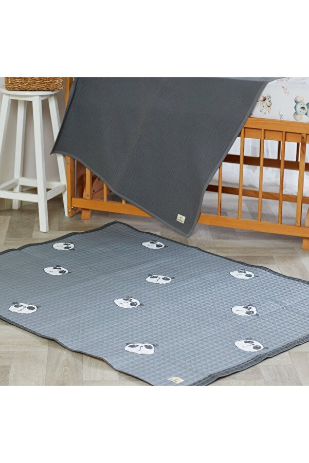 arbababy %100 Organik Pamuk Çocuk Oyun Matı - Panda Temalı - Antrasit - 120 X 150 Cm