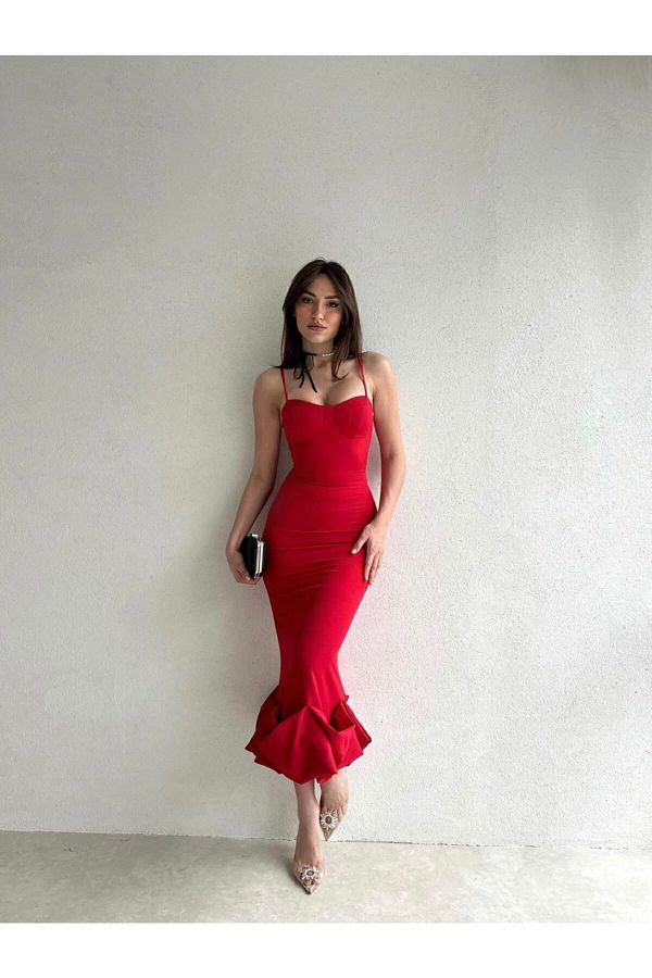 Afiş Butik-Rochie midi roșie cu tiv curbat asimetric 1