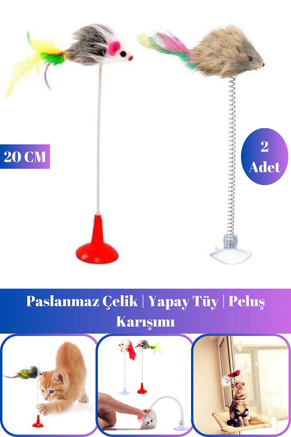 Hane Dostu-2-Piece Cat Toy with Soil-Sticking Suction Cups - Flexible and Interactive Plush Mouse 1