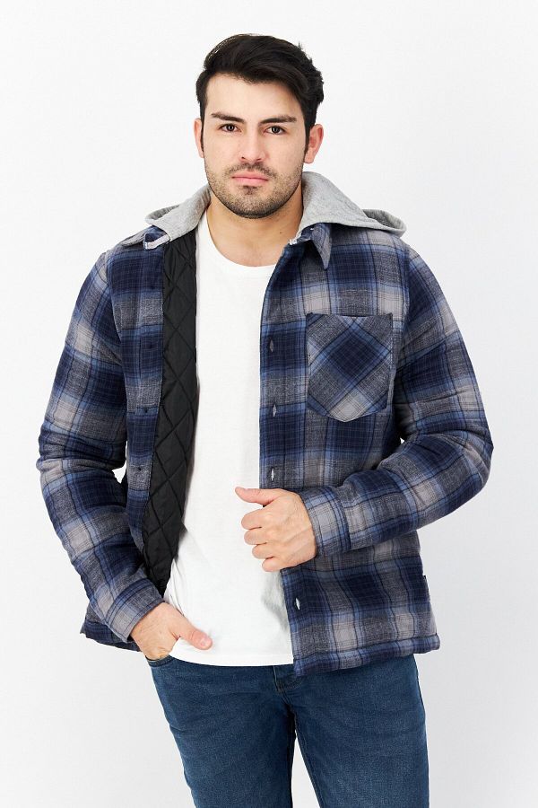 French Connection Men Hooded Plaid Long Sleeve Reversible Jacket Blue Grey Combo Trendyol