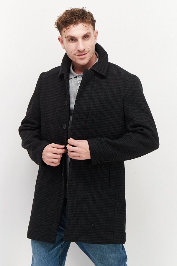 French Connection Men Houndstooth Long Sleeve Trench Coat Charcoal Combo Trendyol