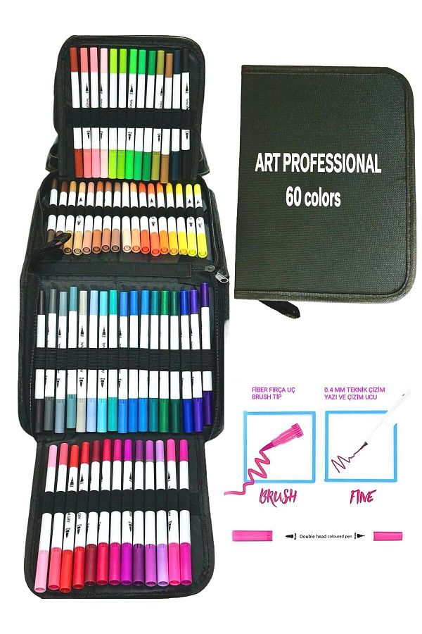 armex-Pro Printed 60 Pieces Brush and 0.4 Mm Fine Tip Leather Wallet Marker Pen Set 1