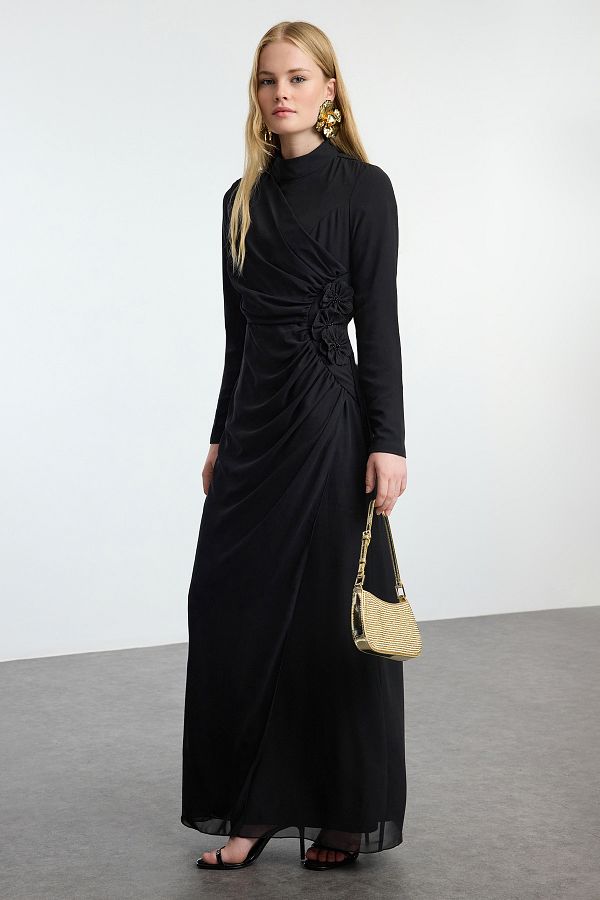 Trendyol Modest-Schwarzes Abendkleid aus Chiffon mit Blumenmuster - Tctss24Db00064 1