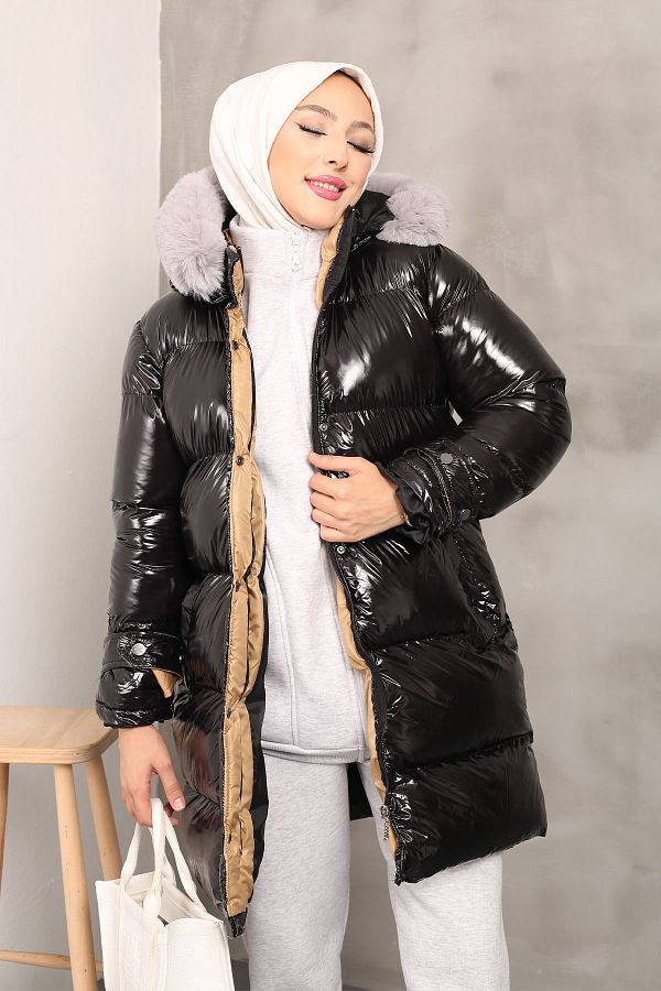 majButik Black Hooded Shiny Patent Leather Puffer Jacket Trendyol