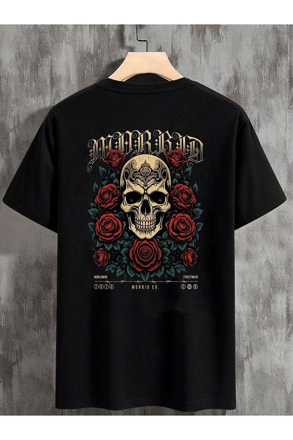 DEEPSENCE-Rose Skull Patterned Unisex Oversize Black T-shirt 1