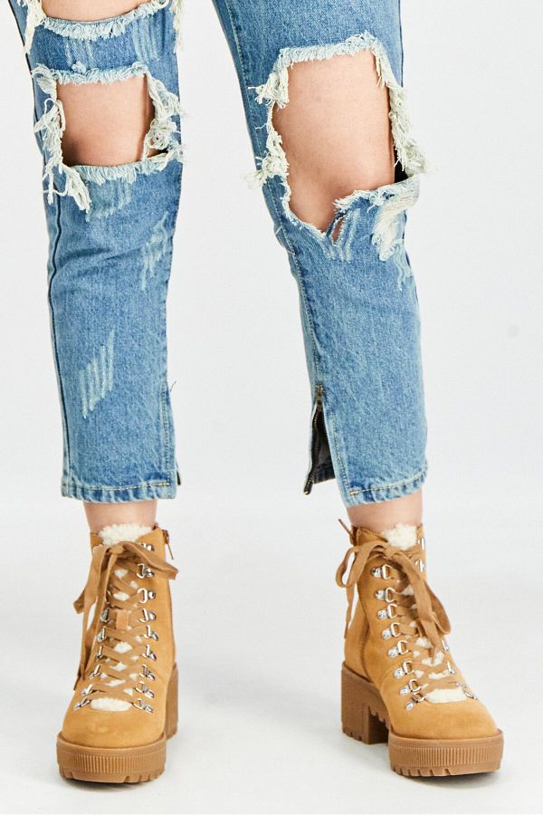 Aqua Women Grady Sherpa Lined Combat Boots Tan Trendyol