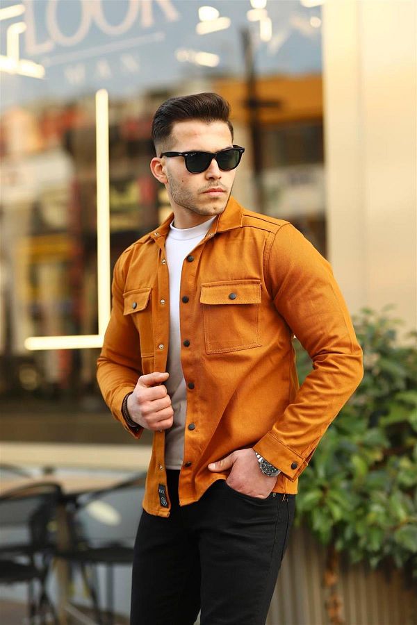 Pobudo Mustard Color Double Pocket Snap Denim Shirt Trendyol