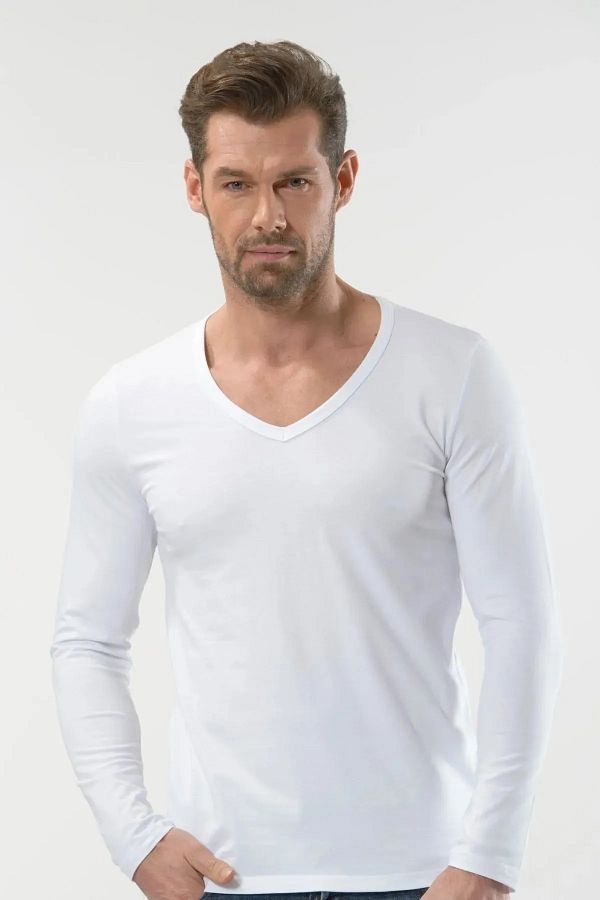 anıt iç giyim-Tricou pentru bărbați cu decolteu în V cu mânecă lungă - 92% bumbac 8% lycra 2 buc. 1