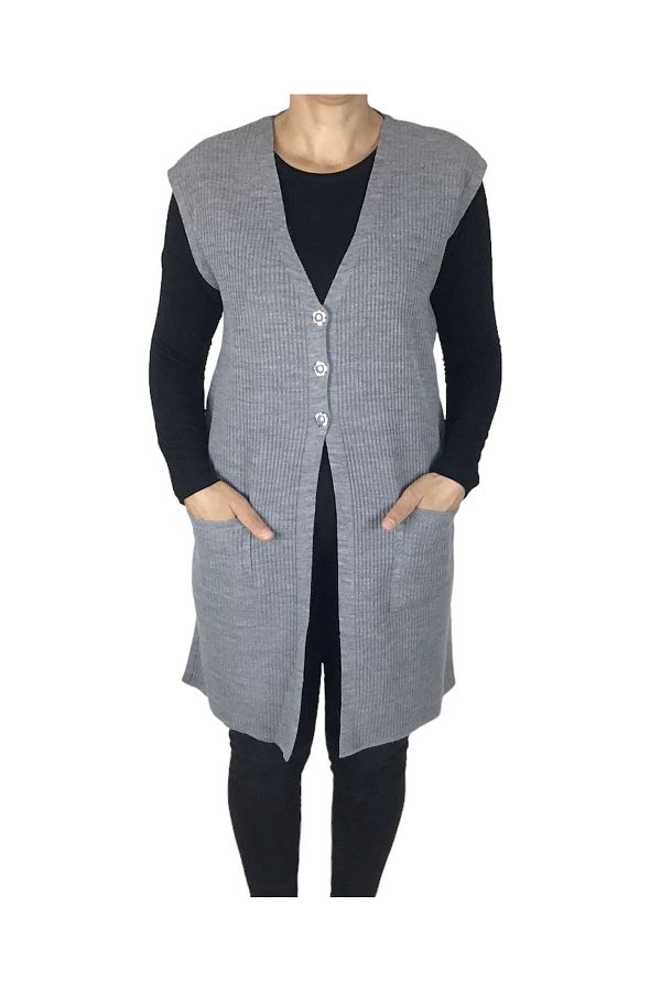 ECE GİYİM-Large Size Phytal Patterned Long Vest with Buttoned Pockets 1