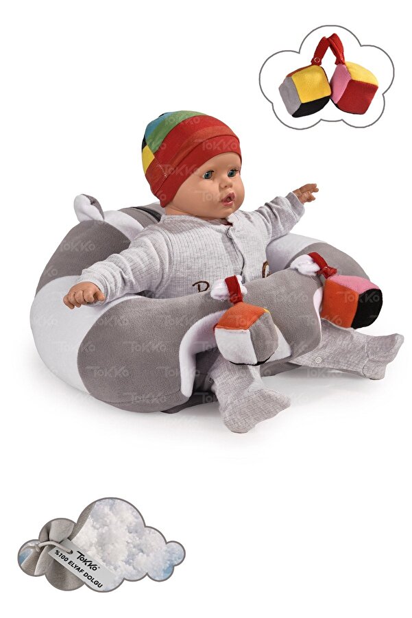 TOKKO Oyuncaklı Bebek Oturma Destek Minderi - Devrilmez Bebek Koltuğu - Büyük Bebek Oturağı Gri Beyaz