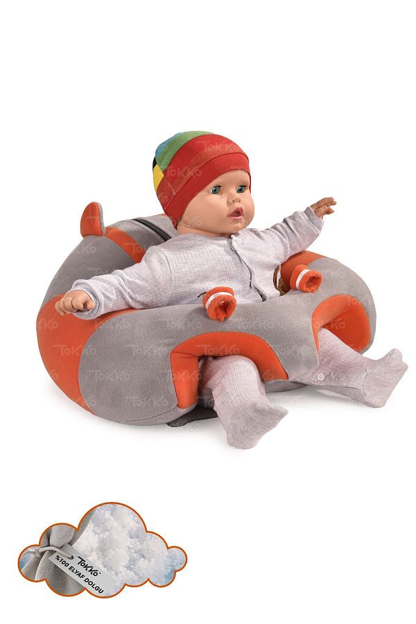 TOKKO-Fiber Filling Baby Sitting Cushion - Non-Tipping Baby Seat - Gray Orange Large Baby Seat 1