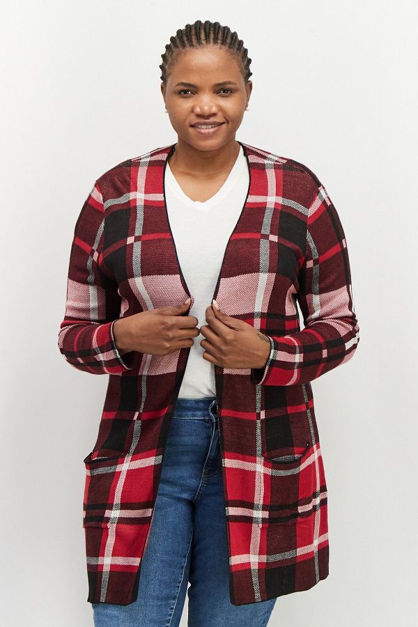 Joseph A Women Plus Size Open Front Plaid Cardigan Red Combo Trendyol