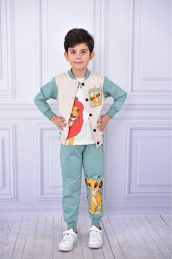 L LLYP CCA LION KING COLLEGE CARDIGAN WITH POCKET SHORT SLEEVE T SHIRT DOUBLE POCKET TRACKSUIT 3 PIECE COTTON LYCRIA SET Trendyol