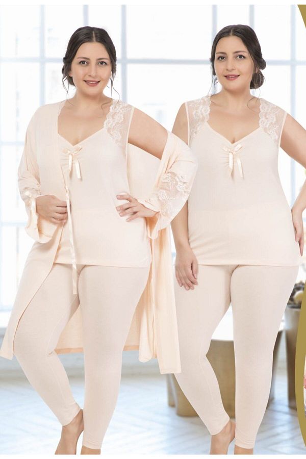 JEN KA Women s Large Size Lace Detail Dressing Gown Leggings 3 Piece Pajama Set Trendyol