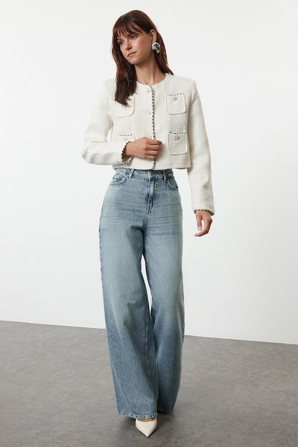 Trendyol Collection Blue High Waist Extra Wide-Leg Palazzo Wide-Leg 100% Cotton Non-Stretch Jeans TWOAW25JE00292