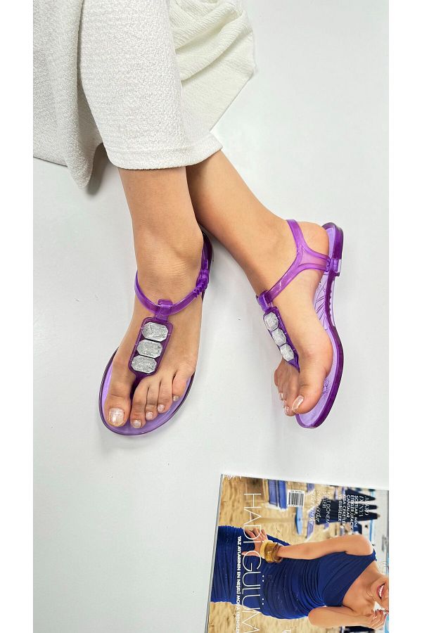 Nstil Lilac Women s Sandals Rhinestoned Oval Toe Flat Sole with Gel Detail between the Toes C6 Trendyol
