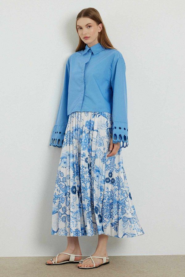 Pleated blue print skirt outlet