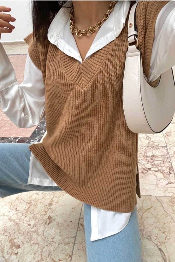 rka collection Camel Colored Women s V Neck Sweater Slit Detail Trendyol