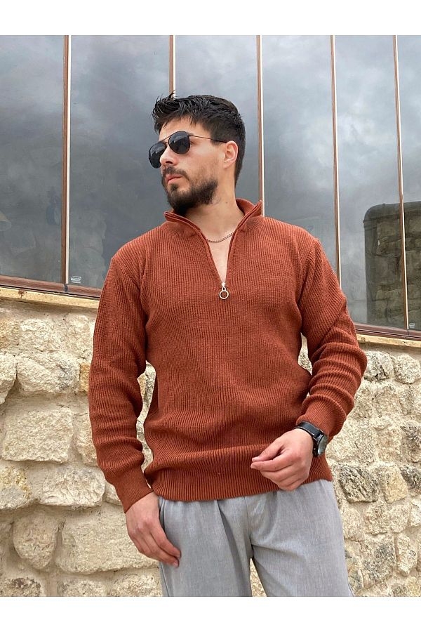 Dellinden New Season Regular Fit Collar Zippered Stylish Knitted Brick Color Knitwear Sweater Trendyol