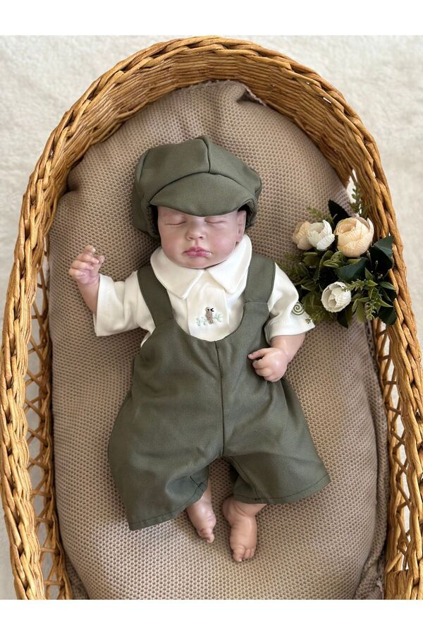Mama Miel Baby Erkek Bebek Haki Salopet El İşi Kuşlu Çıtçıtlı Body ve Kasket Takım