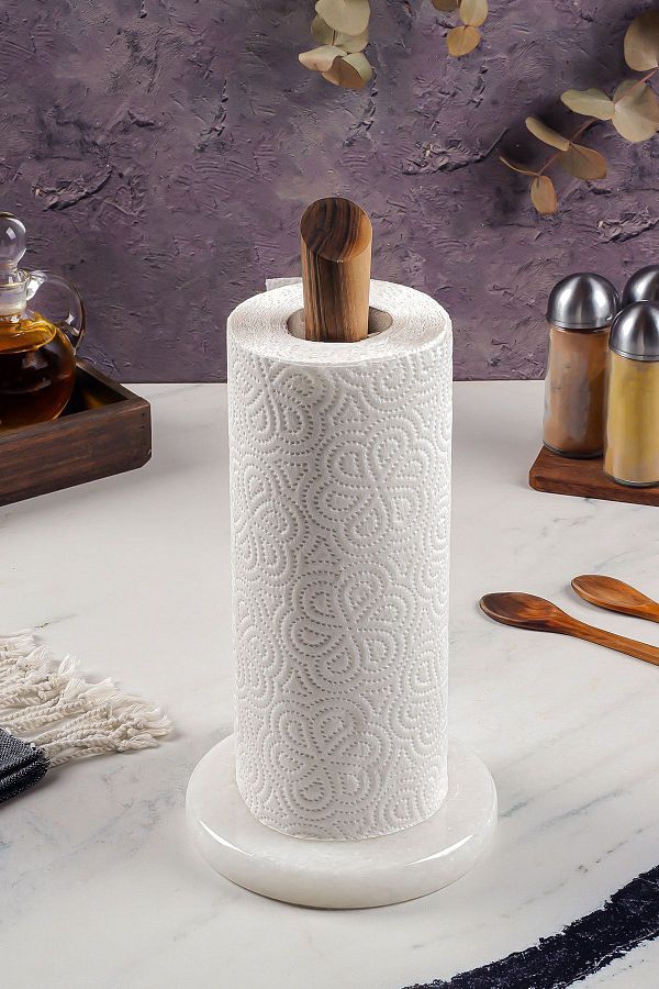 Demy Craft Walnut Wood Countertop Paper Towel Holder with Marble Base